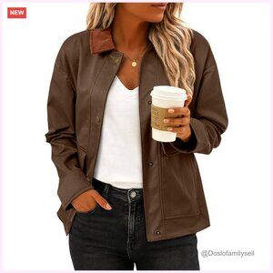 Lightweight Cropped Shacket, Button-Down Coat with Pockets, 100% Polyester